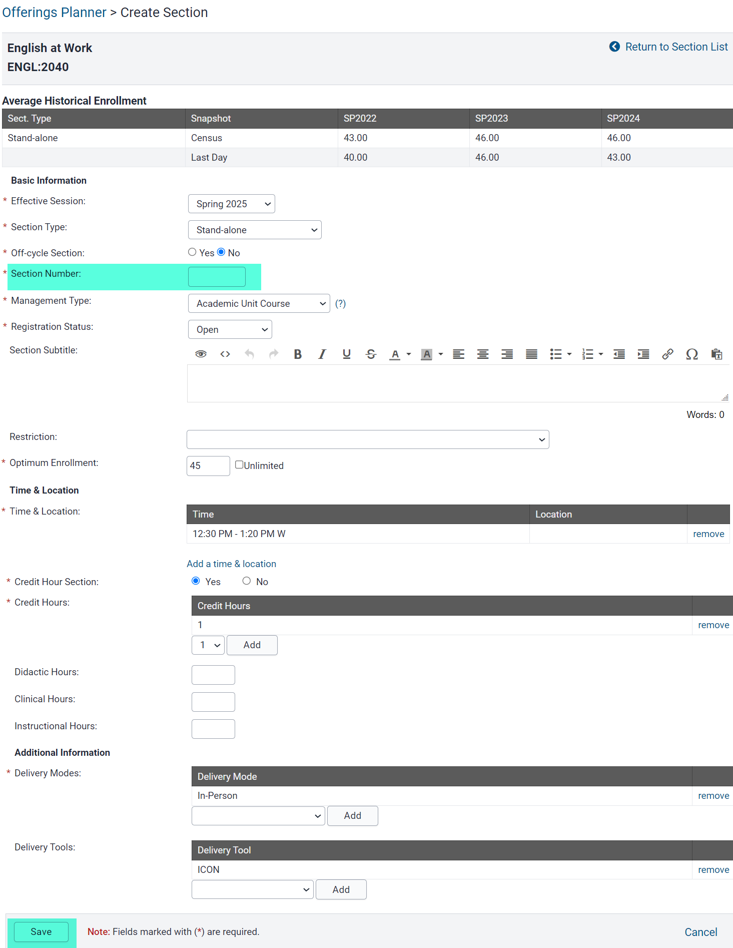 Add section number review info and save.