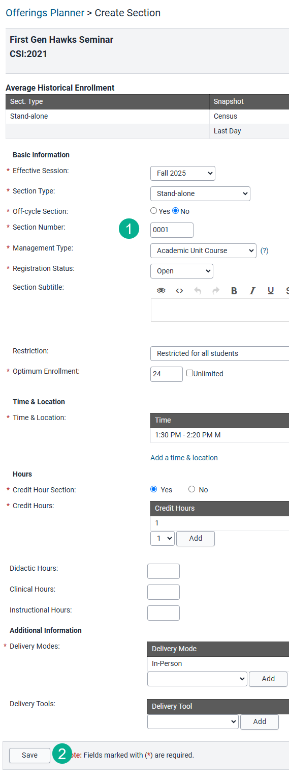 Create section number and save new section.