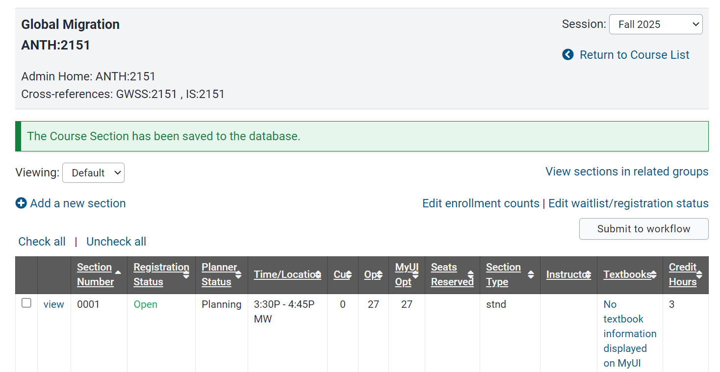 Confirmation message indicates section saved in Planner for future session.