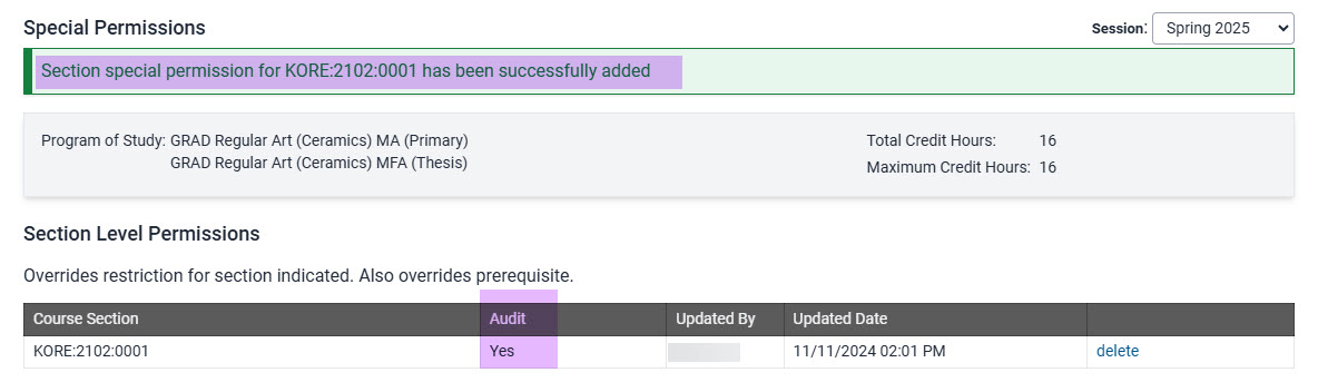 Message indicate permission saved and shows Audit=Yes for the course.