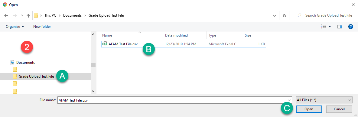 File explorer window showing the "Grade Upload Test File" folder with a selected file named "AFAM Test File.xlsx". Options to open or cancel are at the bottom right
