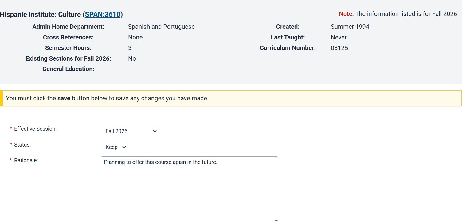 Inactive Course Form Screenshot