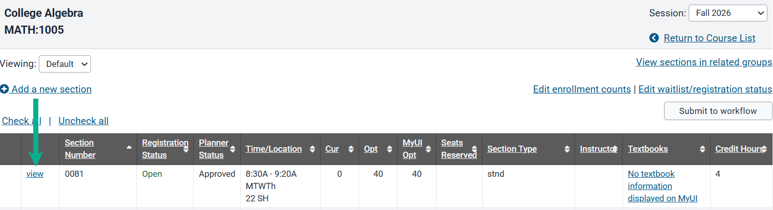 Section summary panel in Offerings Planner where when "view" is selected the user is taken into the course section details. 