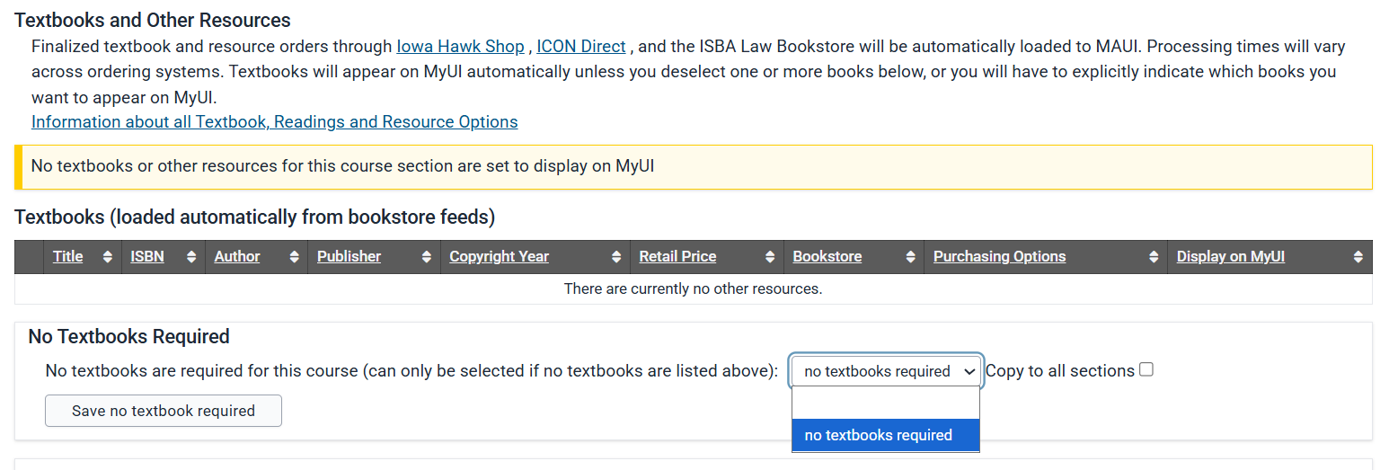 Dropdown in the textbook panel shows the option to select and save "no textbooks required"