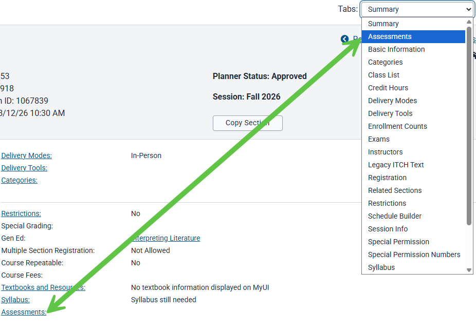 The topics panel can be accessed via the tabs area or via the direct link on the section summary panel. 