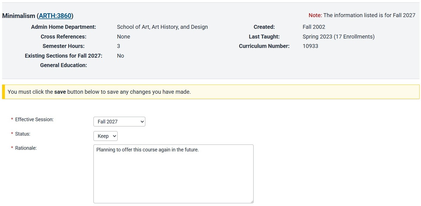Inactive Course Form Screenshot