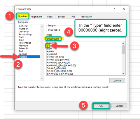 Image of "Format Cells" tabs within Microsoft Excel