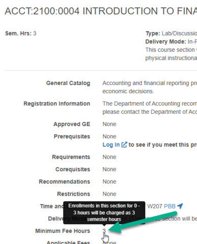 Fee hours link in course section in MyUI course browse.