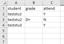 Image of Midterm sample excel file with "student," "grade," and "attend" headers